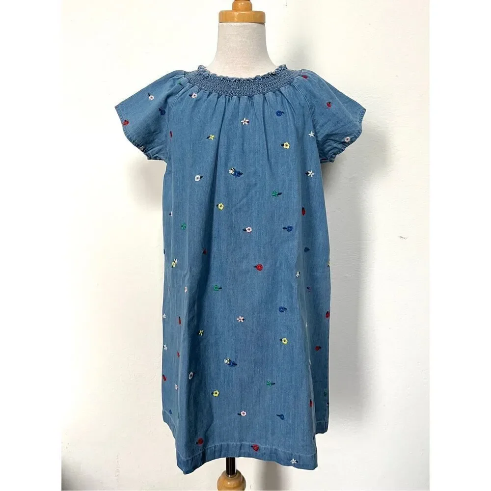 Hanna Andersson Girls 8 (130) Flower Embroidered Chambray Denim Dress